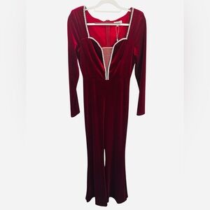Elegant Red Velvet Jumpsuit with Rhinestone Detail and Belt